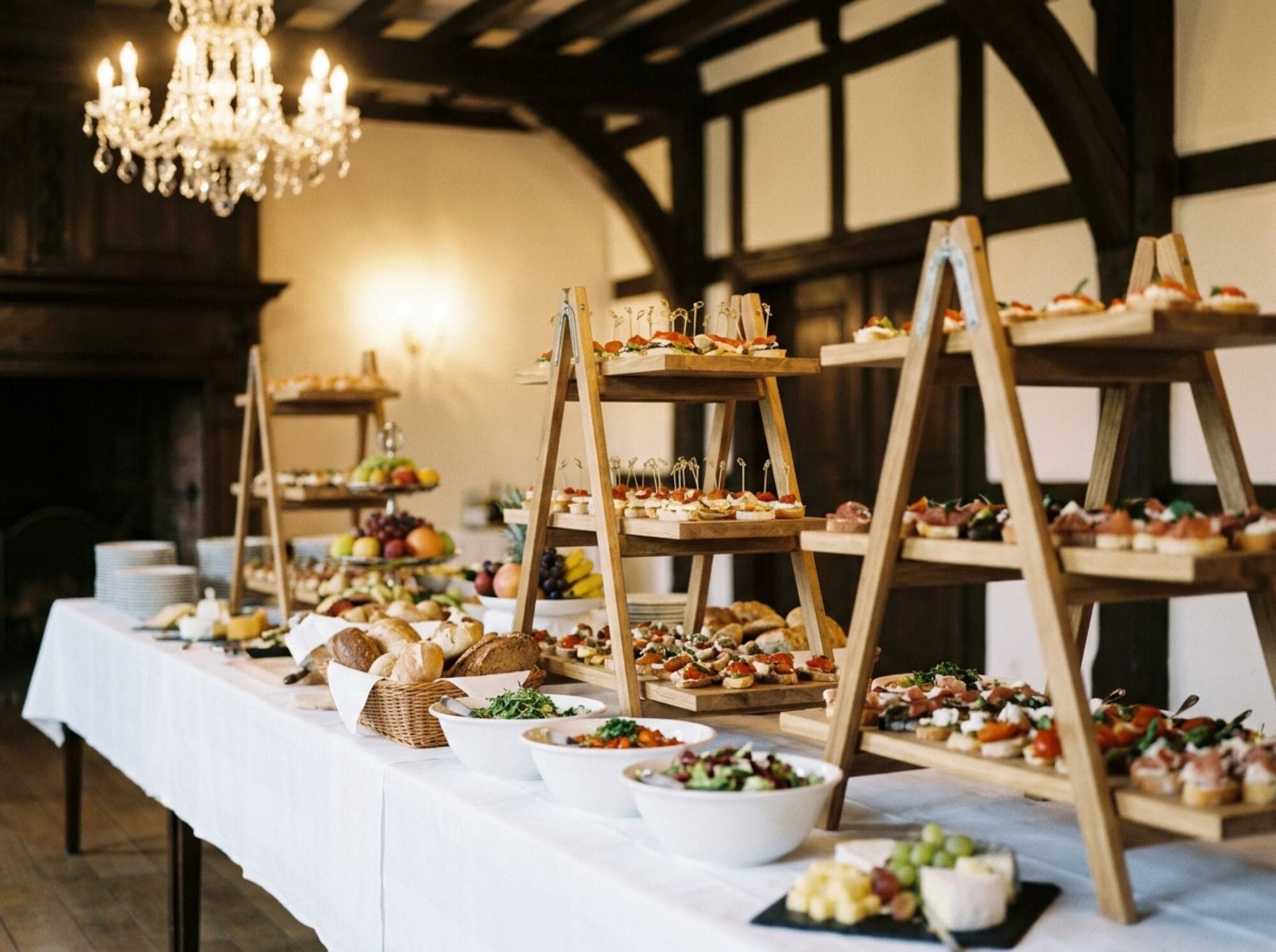Eine lange weiß eingedeckte Buffettafel mit Etageren, Vorspeisenplatten, Brotkörben und Salatschalen, dahinter unscharf ein Kronleuchter