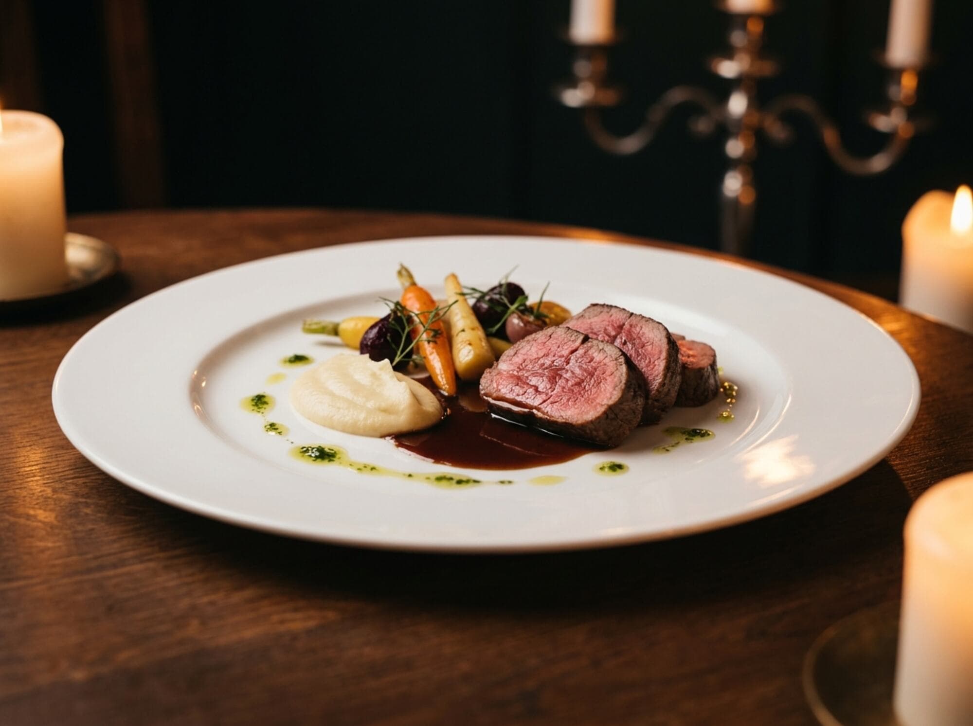 Ein Hauptgang auf weißem Teller, rosa gebratenes Rinderfilet mit dunkler Jus, Püree und glasiertem Wurzelgemüse, im warmen Kerzenlicht