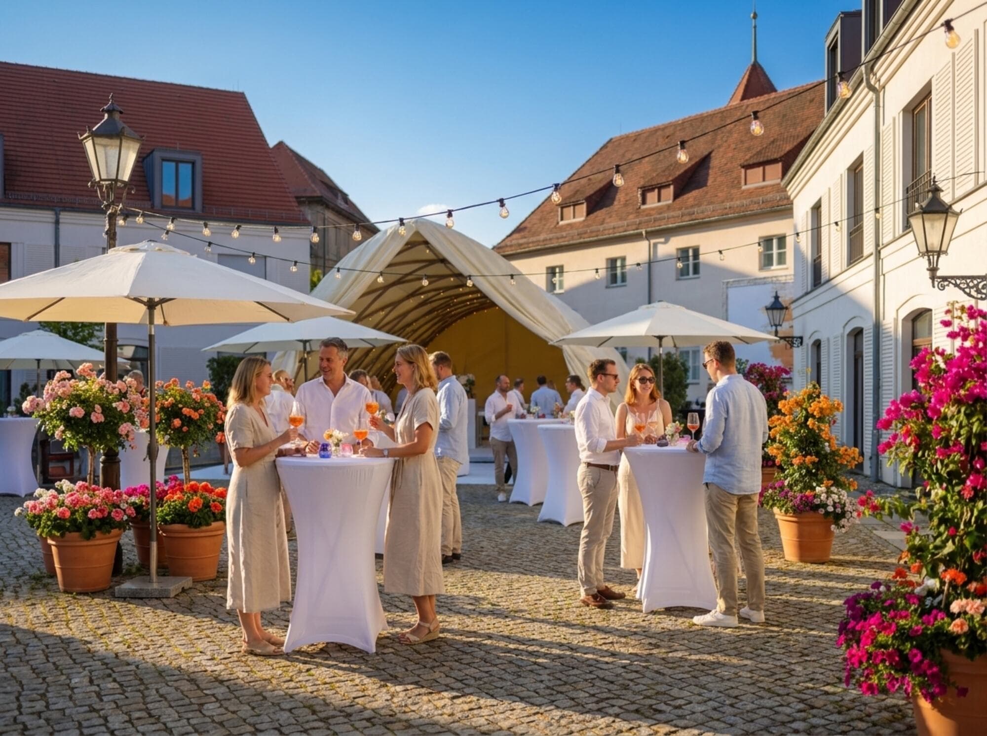 Sommerfest im Innenhof zur goldenen Stunde, Gäste stoßen an weiß eingedeckten Stehtischen an, dazwischen Sonnenschirme, blühende Kübelpflanzen und Lichterketten